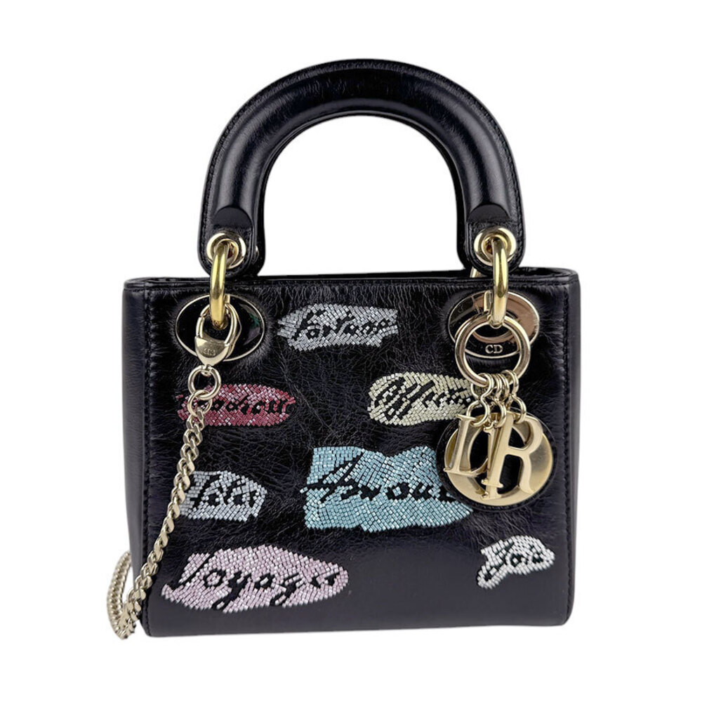 Christian Dior Leather Beaded 2Way Shoulder Bag Multicolor Black